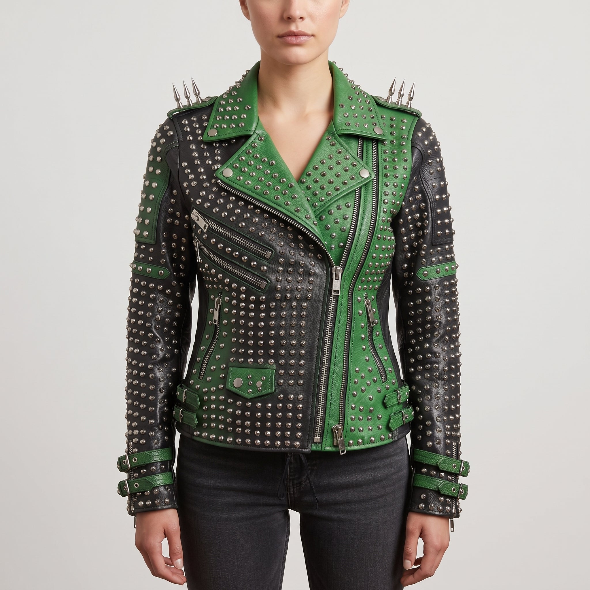 Women's Black and Green Studded Leather Biker Jacket — Burnett