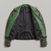 Women's Black and Green Studded Leather Biker Jacket — Burnett