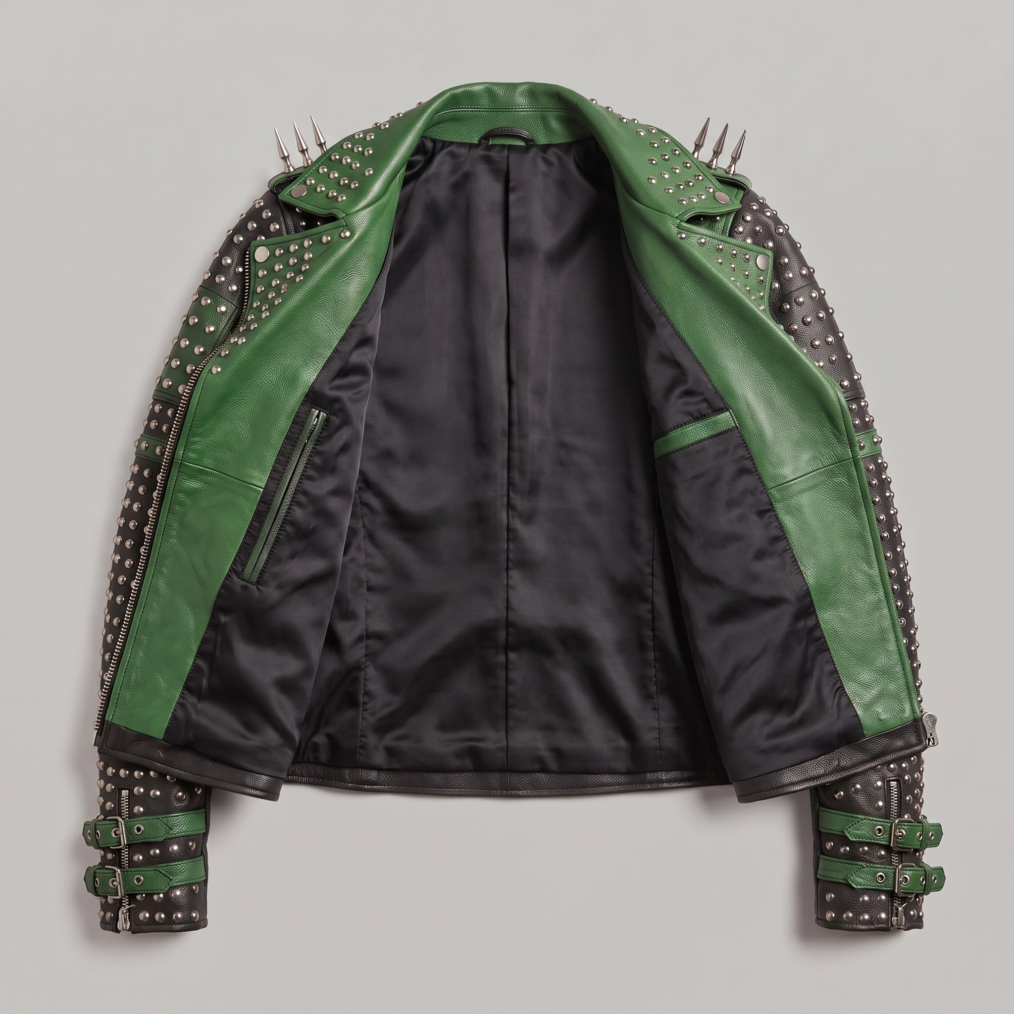 Women's Black and Green Studded Leather Biker Jacket — Burnett