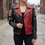 Women's Black and Red Asymmetric Zip Leather Perfecto Biker Jacket — Angus
