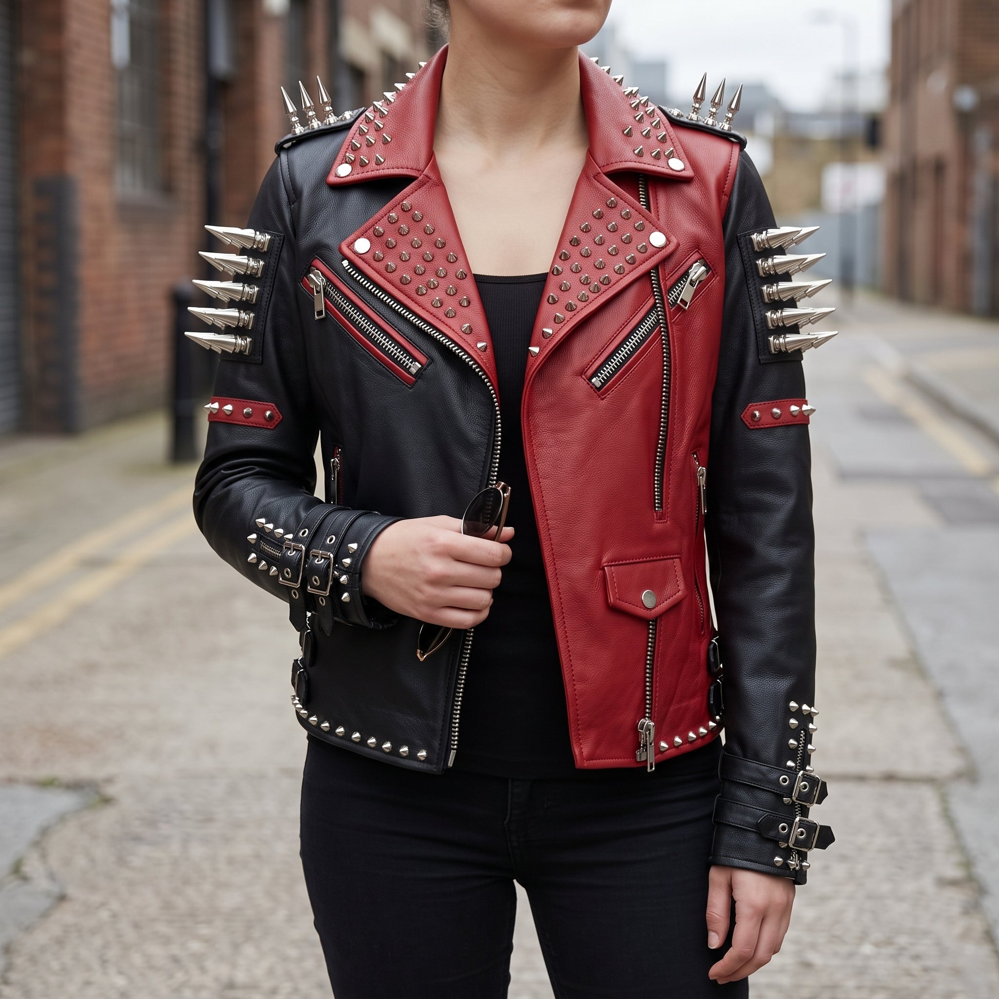 Women's Black and Red Asymmetric Zip Leather Perfecto Biker Jacket — Angus