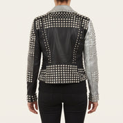 Women's Black and Silver Two-Tone Studded Leather Biker Jacket — Letham