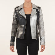 Women's Black and Silver Two-Tone Studded Leather Biker Jacket — Letham