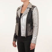Women's Black and Silver Two-Tone Studded Leather Biker Jacket — Letham