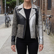 Women's Black and Silver Two-Tone Studded Leather Biker Jacket — Letham