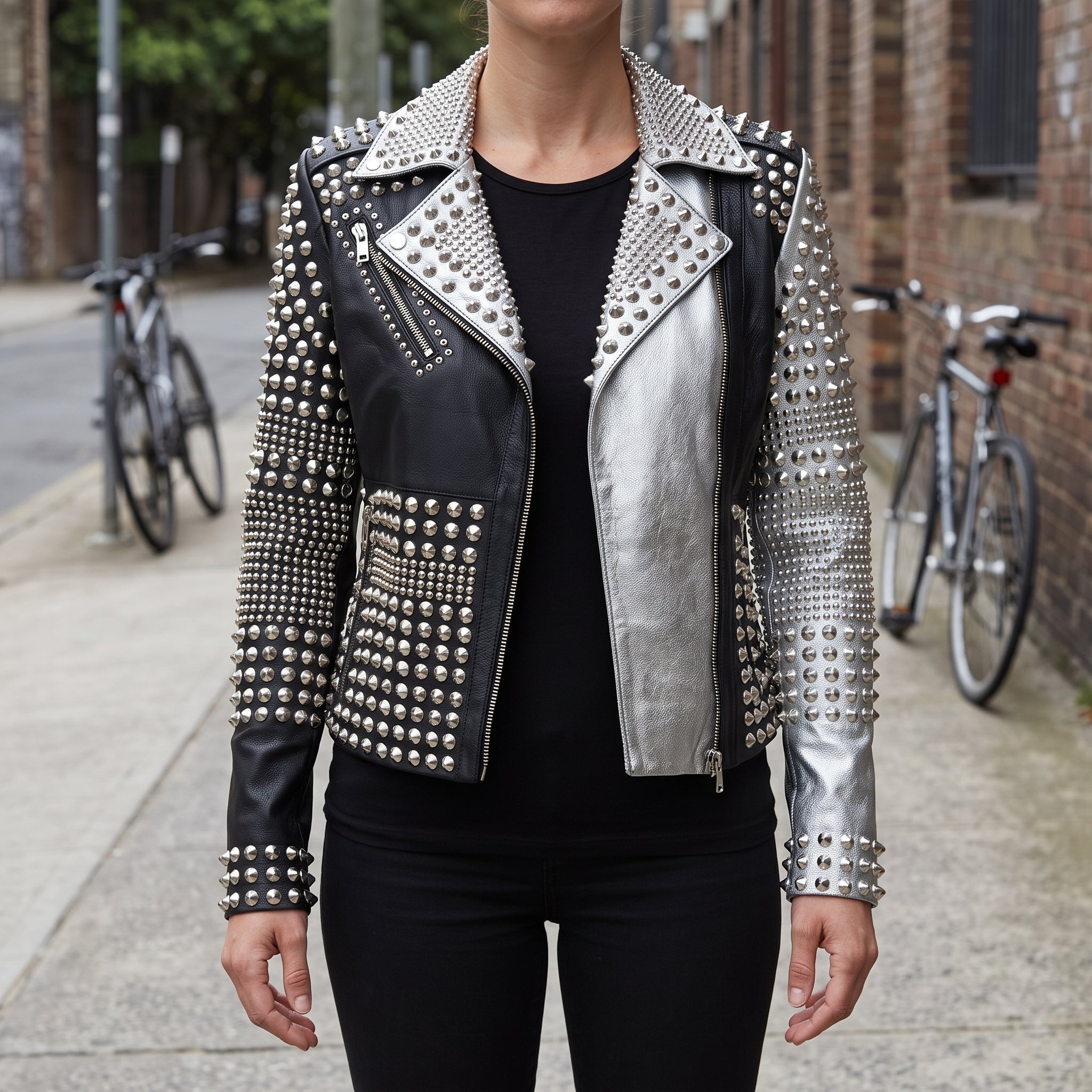 Women's Black and Silver Two-Tone Studded Leather Biker Jacket — Letham
