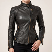 Women's Black Quilted Leather Asymmetric Zip Biker Jacket — Adbank