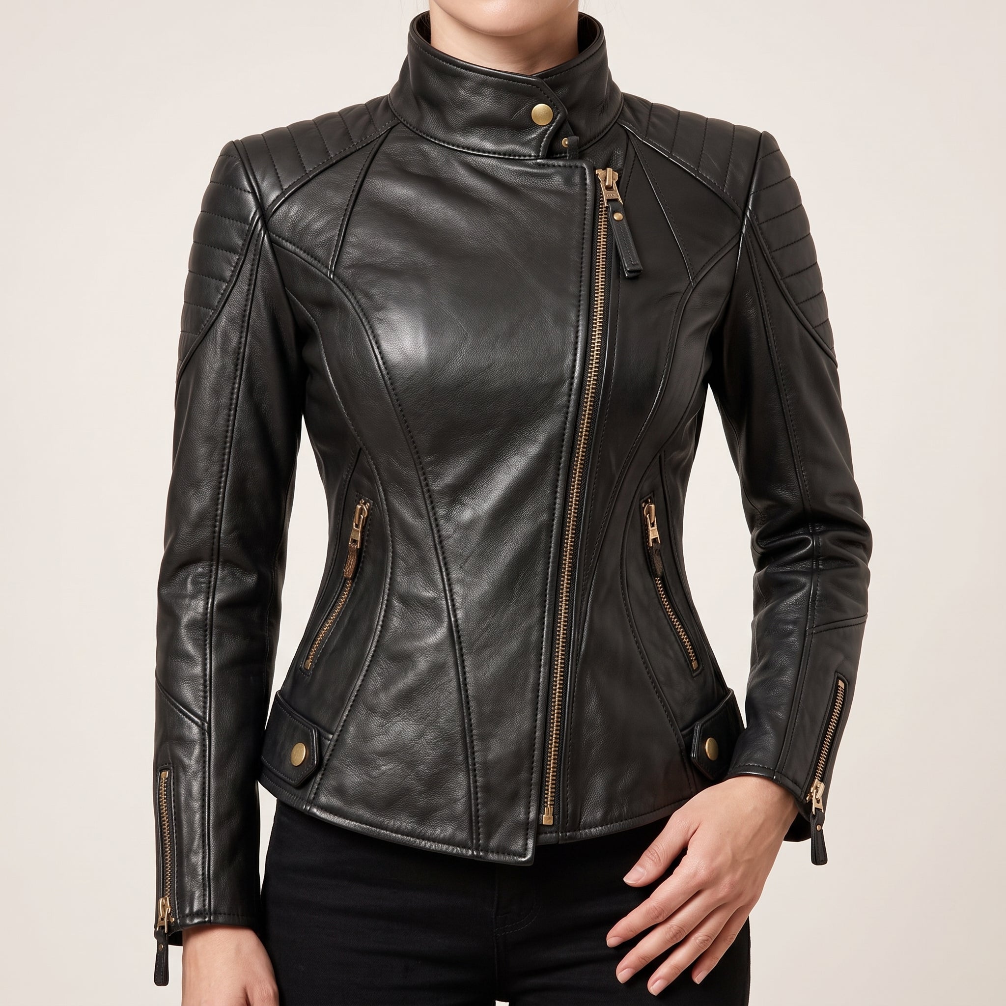 Women's Black Quilted Leather Asymmetric Zip Biker Jacket — Adbank