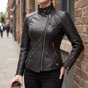 Women's Black Quilted Leather Asymmetric Zip Biker Jacket — Adbank
