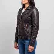 Women's Black Asymmetric Zip Leather Biker Jacket — Braidwood