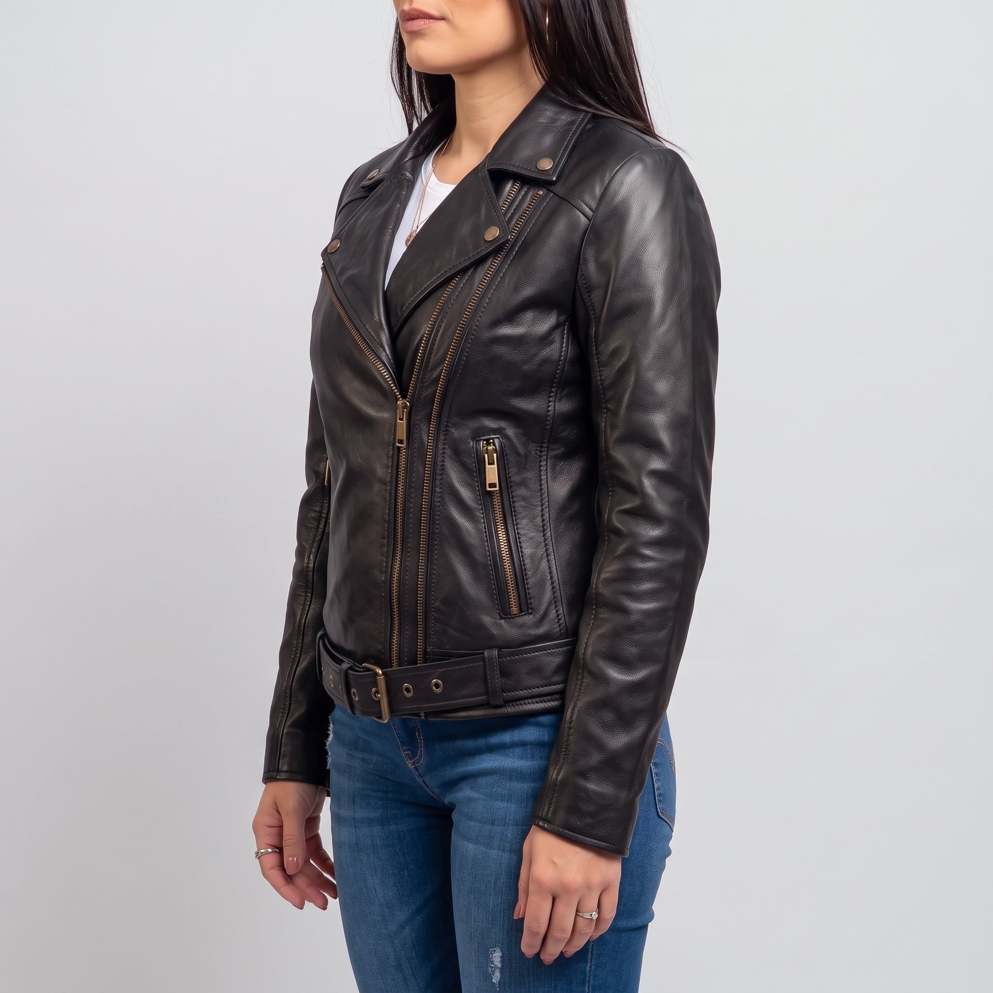 Women's Black Asymmetric Zip Leather Biker Jacket — Braidwood