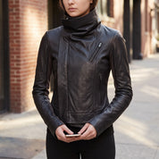 Women's Black Asymmetric Zip Leather Biker Jacket — Harrogate