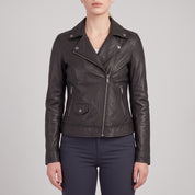 Women's Black Asymmetric Zip Leather Biker Jacket — Mortimer