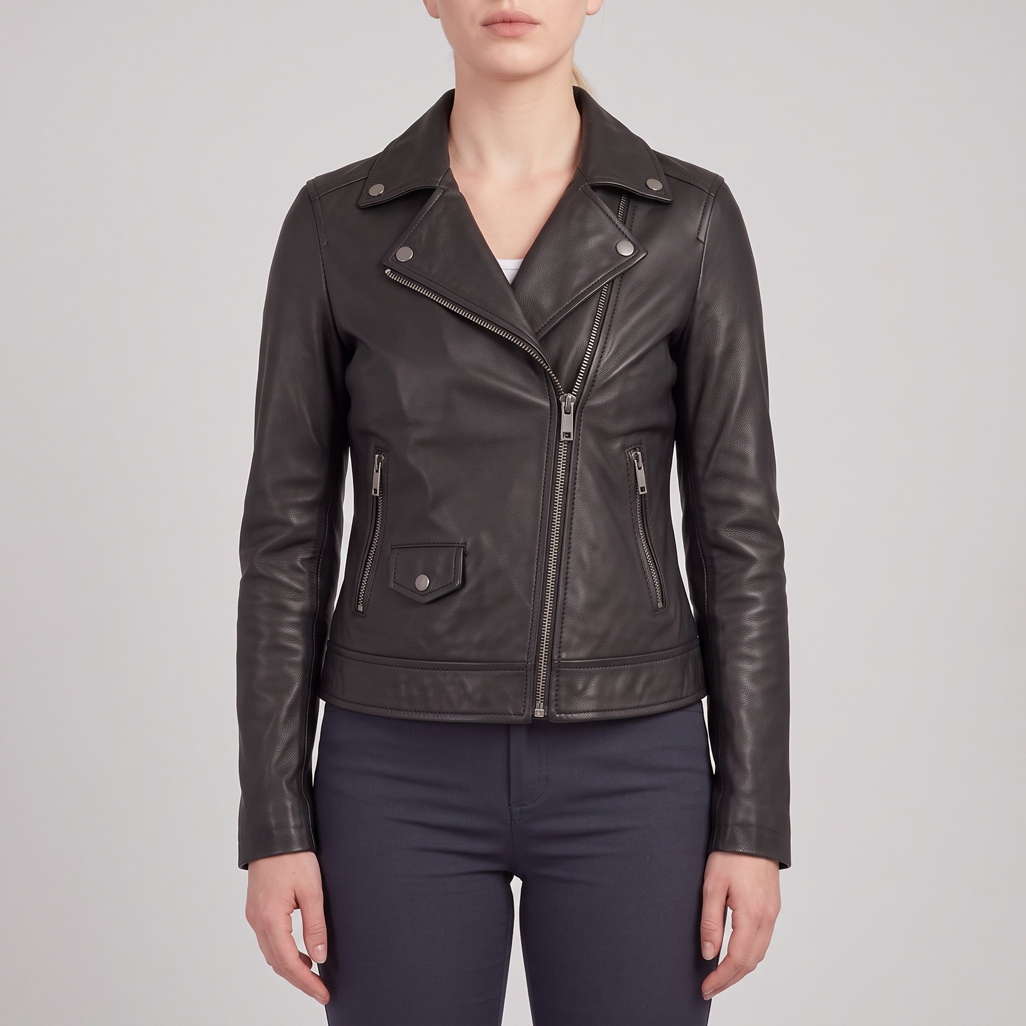 Women's Black Asymmetric Zip Leather Biker Jacket — Mortimer