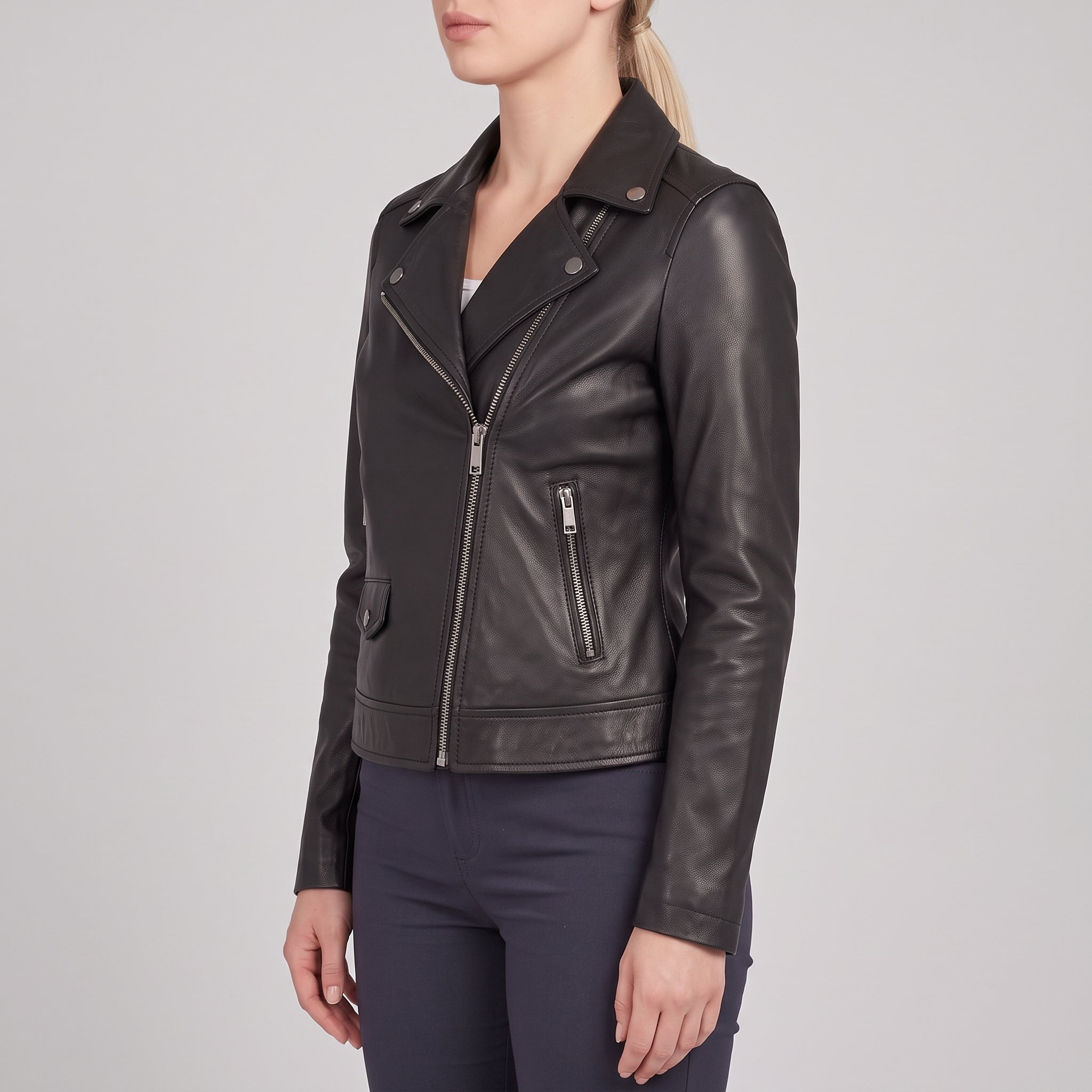 Women's Black Asymmetric Zip Leather Biker Jacket — Mortimer