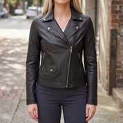 Women's Black Asymmetric Zip Leather Biker Jacket — Mortimer