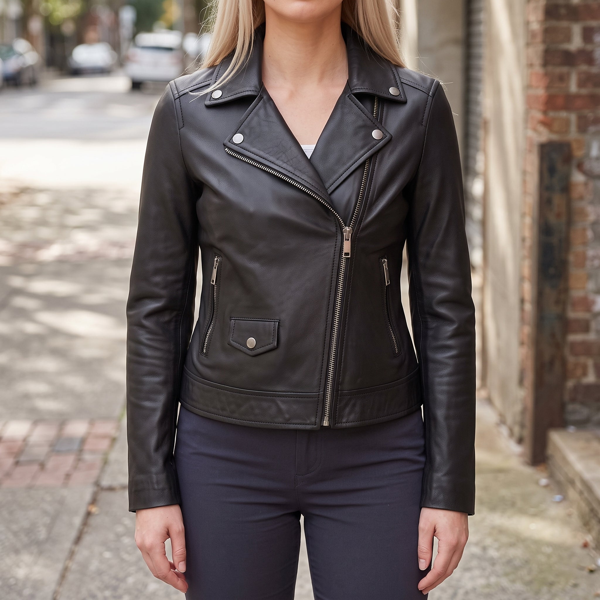 Women's Black Asymmetric Zip Leather Biker Jacket — Mortimer