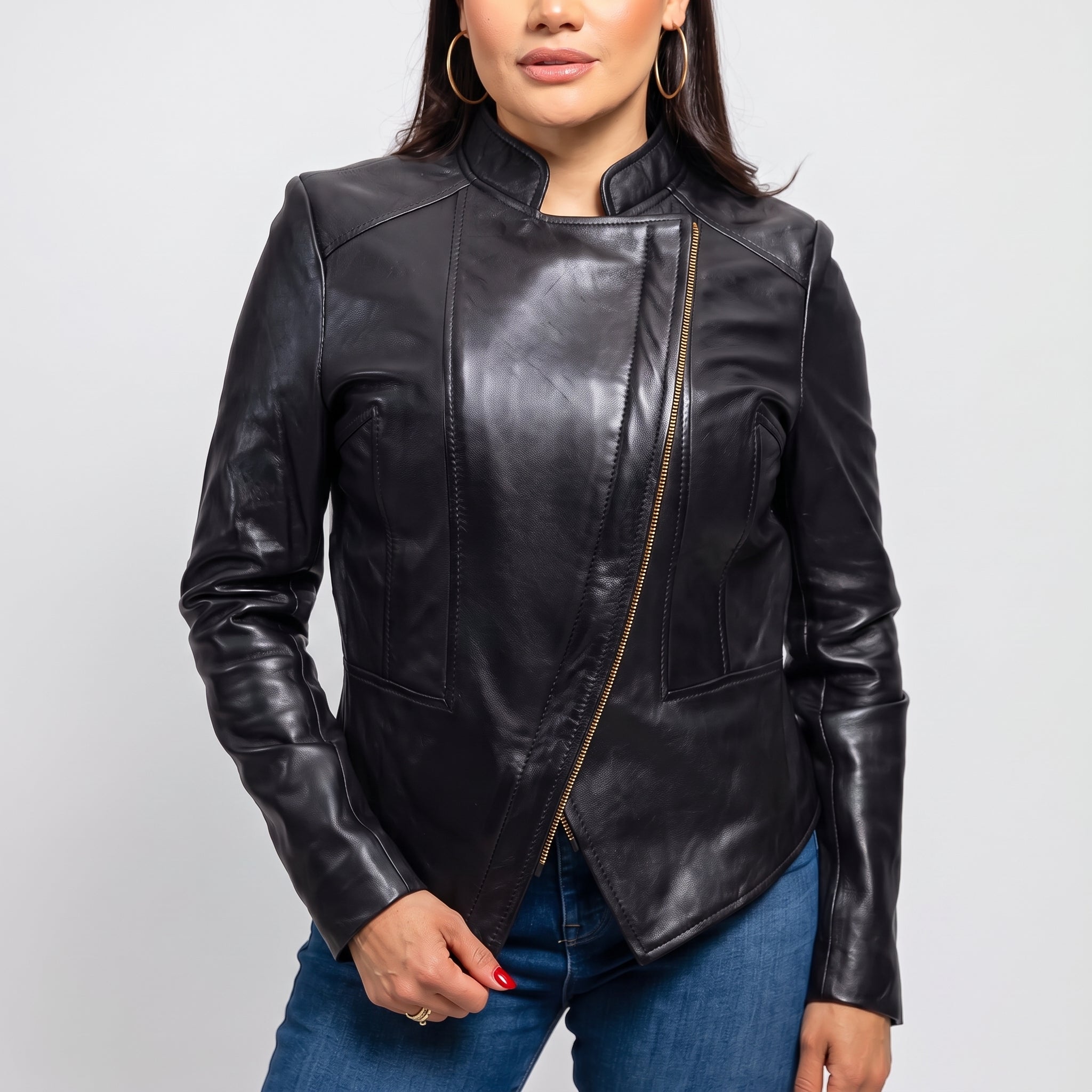 Women's Black Leather Biker Jacket — Shelley