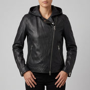 Women's Black Asymmetrical Zip Leather Biker Jacket — Baunton