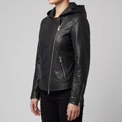 Women's Black Asymmetrical Zip Leather Biker Jacket — Baunton