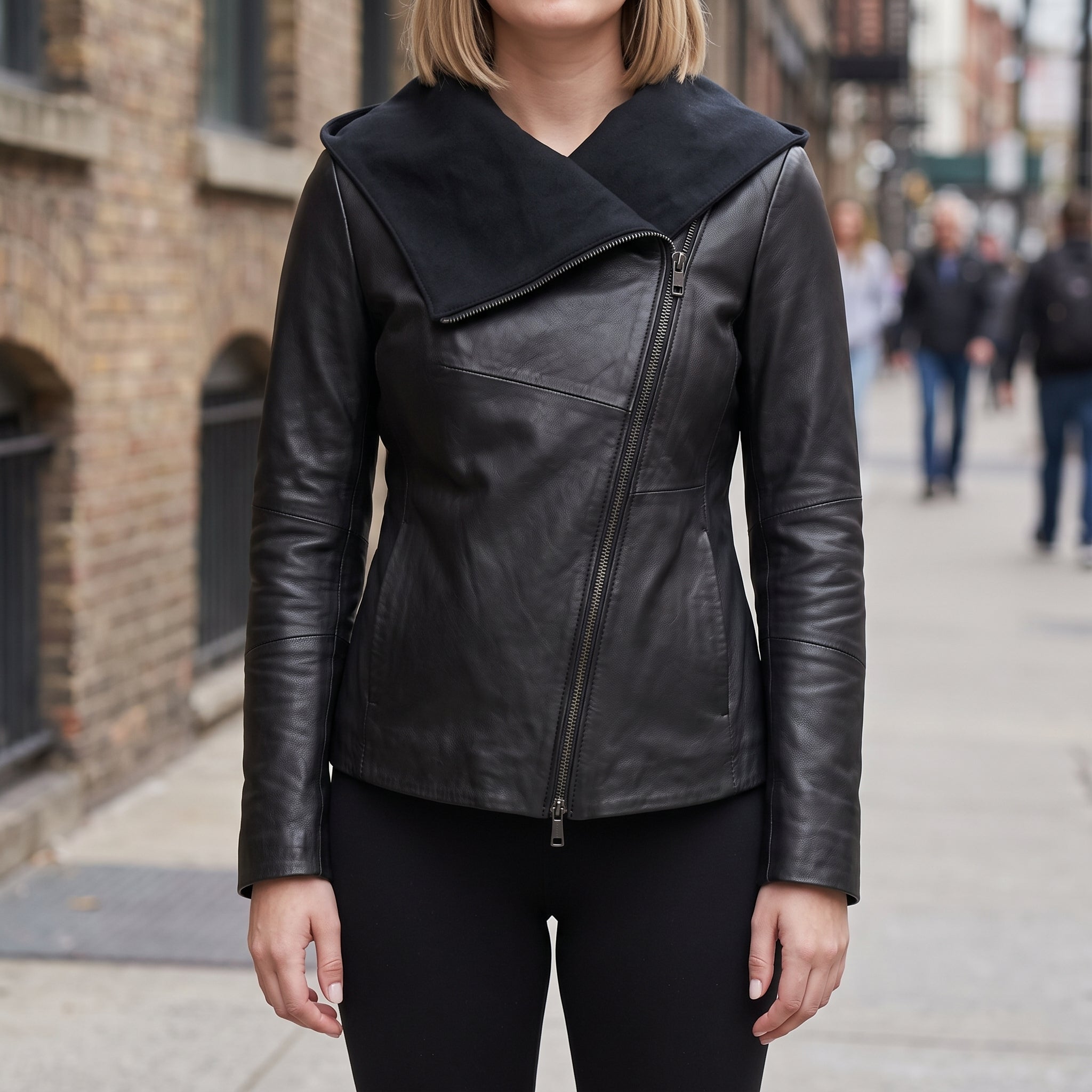 Women's Black Asymmetrical Zip Leather Biker Jacket — Livingstone
