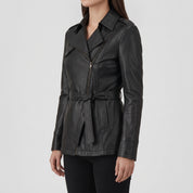 Women's Black Belted Asymmetric Zipper Leather Biker Jacket — Edson