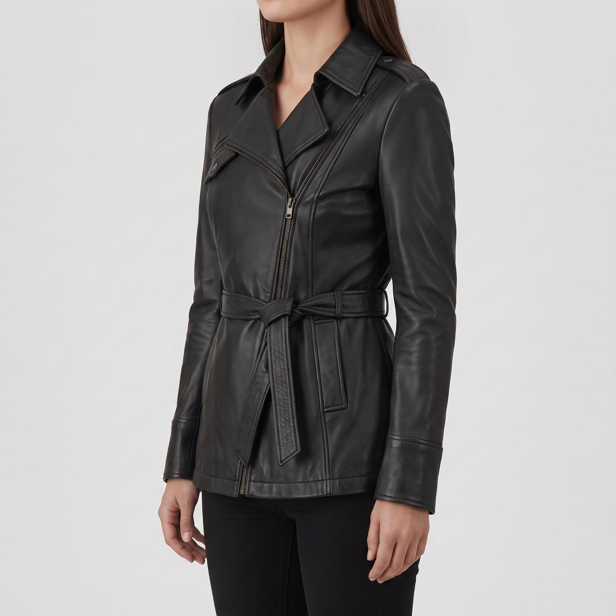 Women's Black Belted Asymmetric Zipper Leather Biker Jacket — Edson