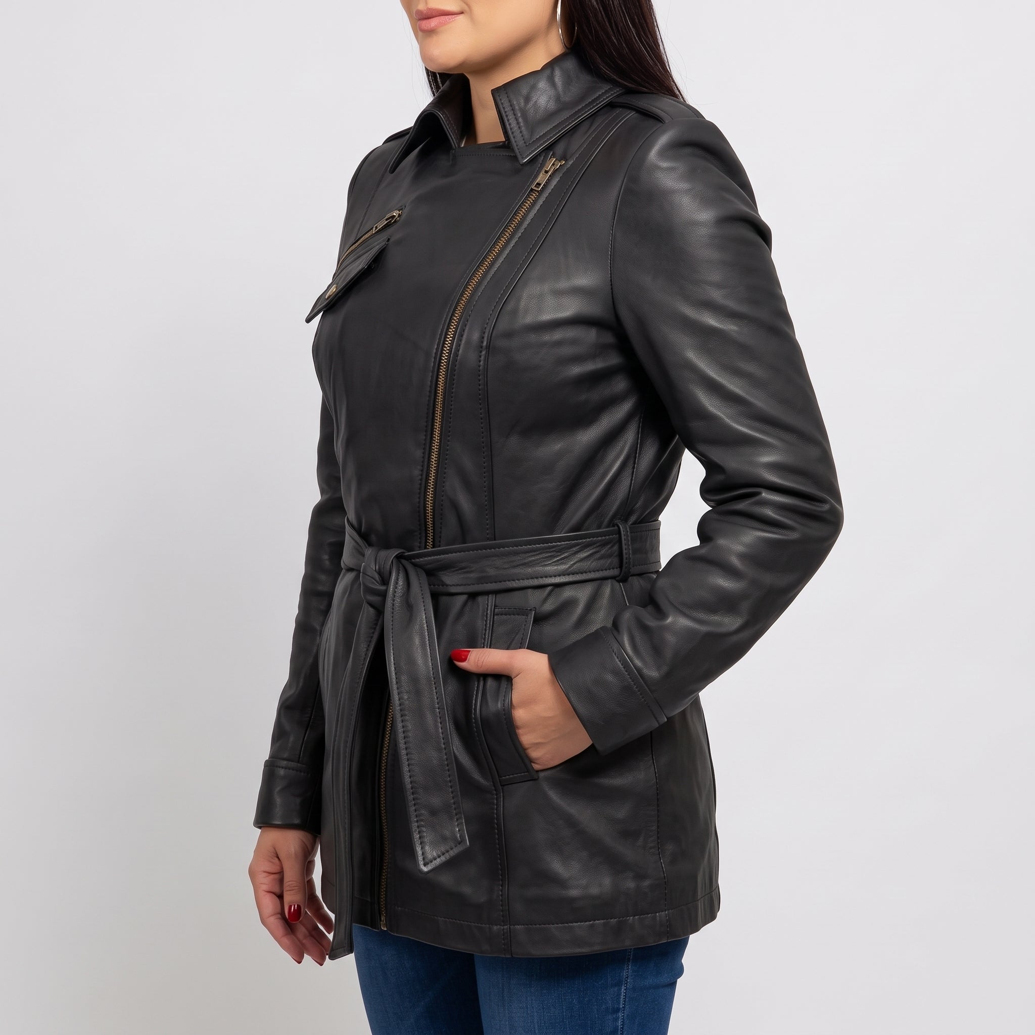 Women's Black Belted Leather Biker Jacket — Downham