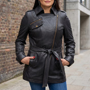 Women's Black Belted Leather Biker Jacket — Downham