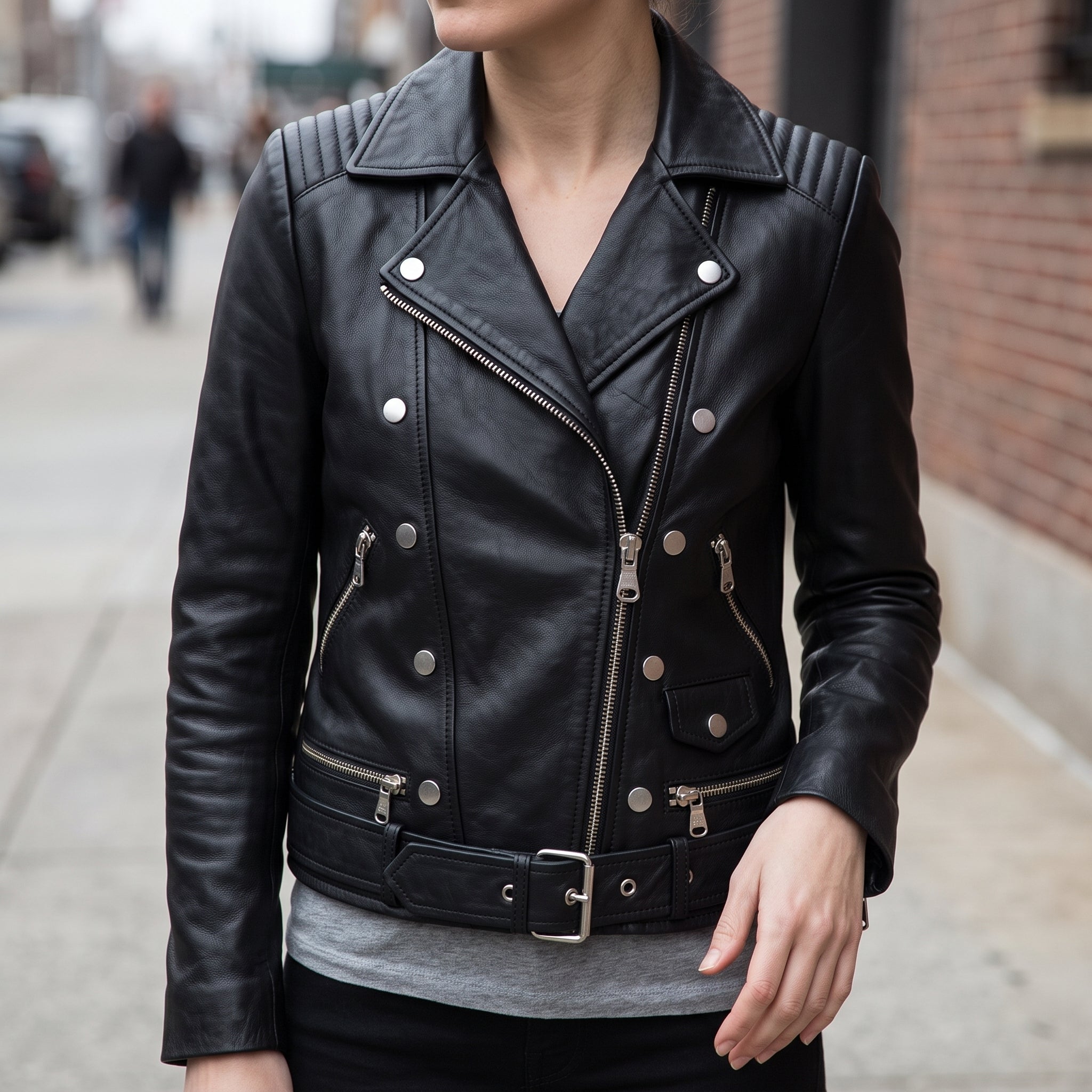 Women's Black Belted Leather Biker Jacket — Gillard