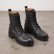 Women's Black Cap-Toe with Shift Pad Pebbled Leather Biker Boots — Bridport
