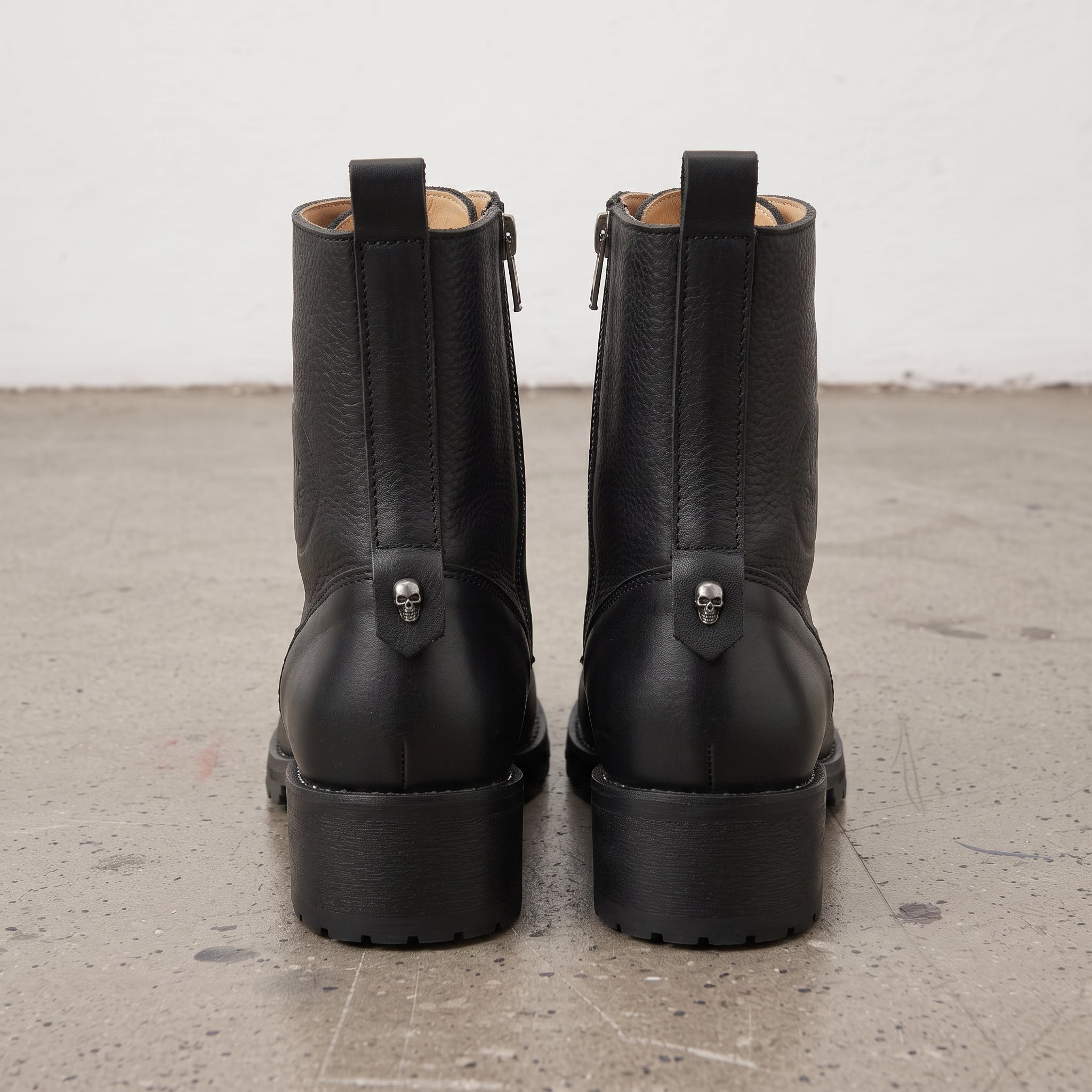 Women's Black Cap-Toe with Shift Pad Pebbled Leather Biker Boots — Bridport