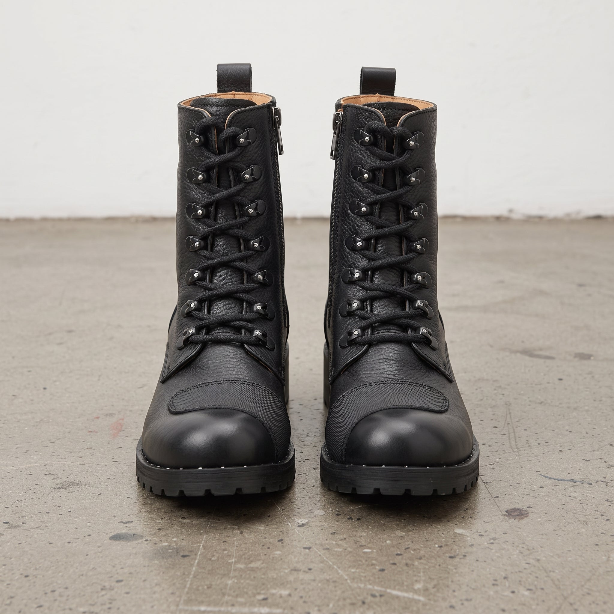 Women's Black Cap-Toe with Shift Pad Pebbled Leather Biker Boots — Bridport
