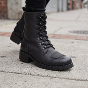 Women's Black Cap-Toe with Shift Pad Pebbled Leather Biker Boots — Bridport