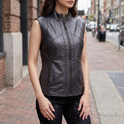 Women's Black Leather Biker Vest — Corbridge