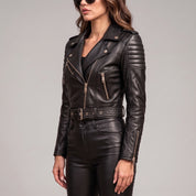 Women's Black Cropped Leather Perfecto Jacket — Bealings