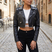 Women's Black Cropped Leather Biker Jacket — Lapford