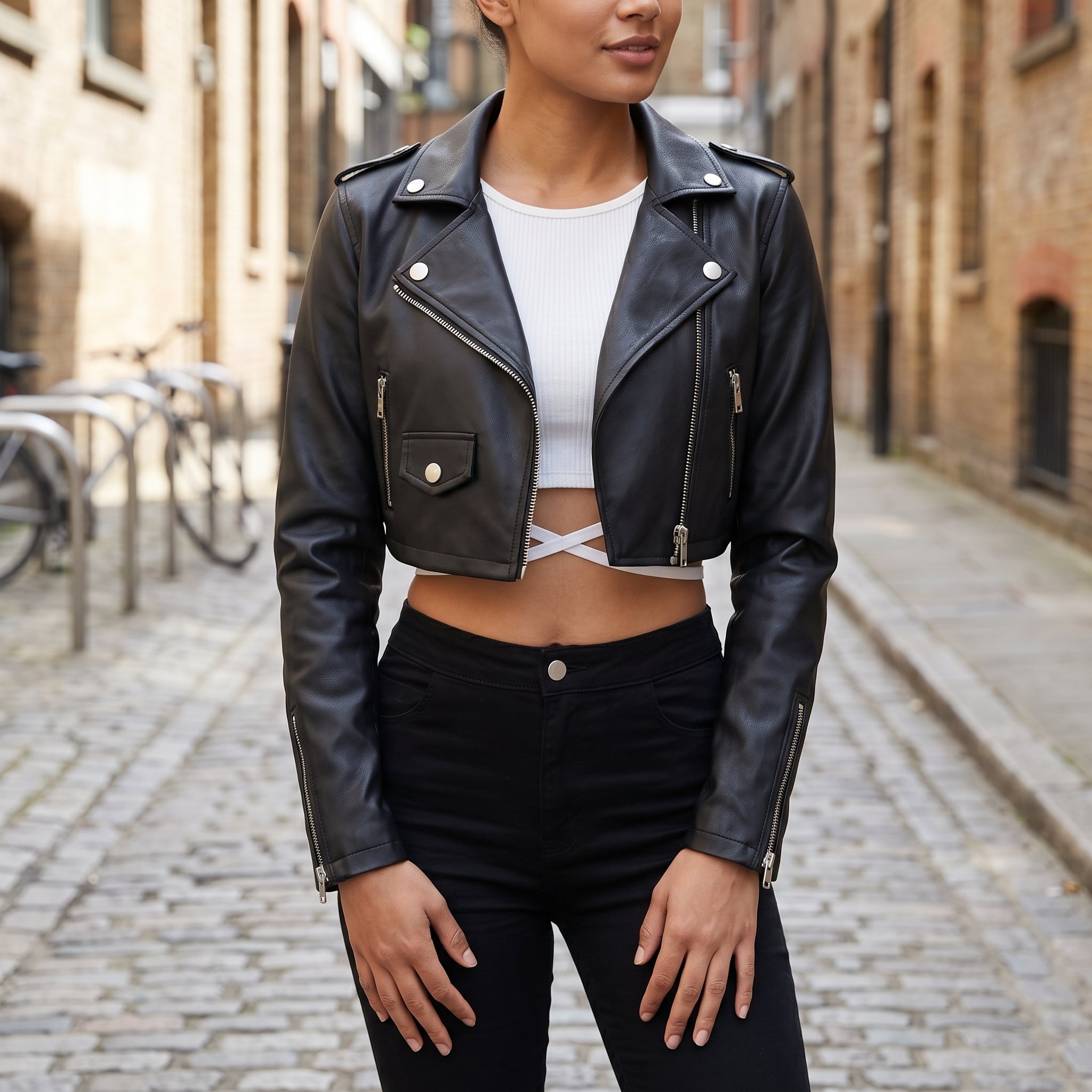 Women's Black Cropped Leather Biker Jacket — Lapford