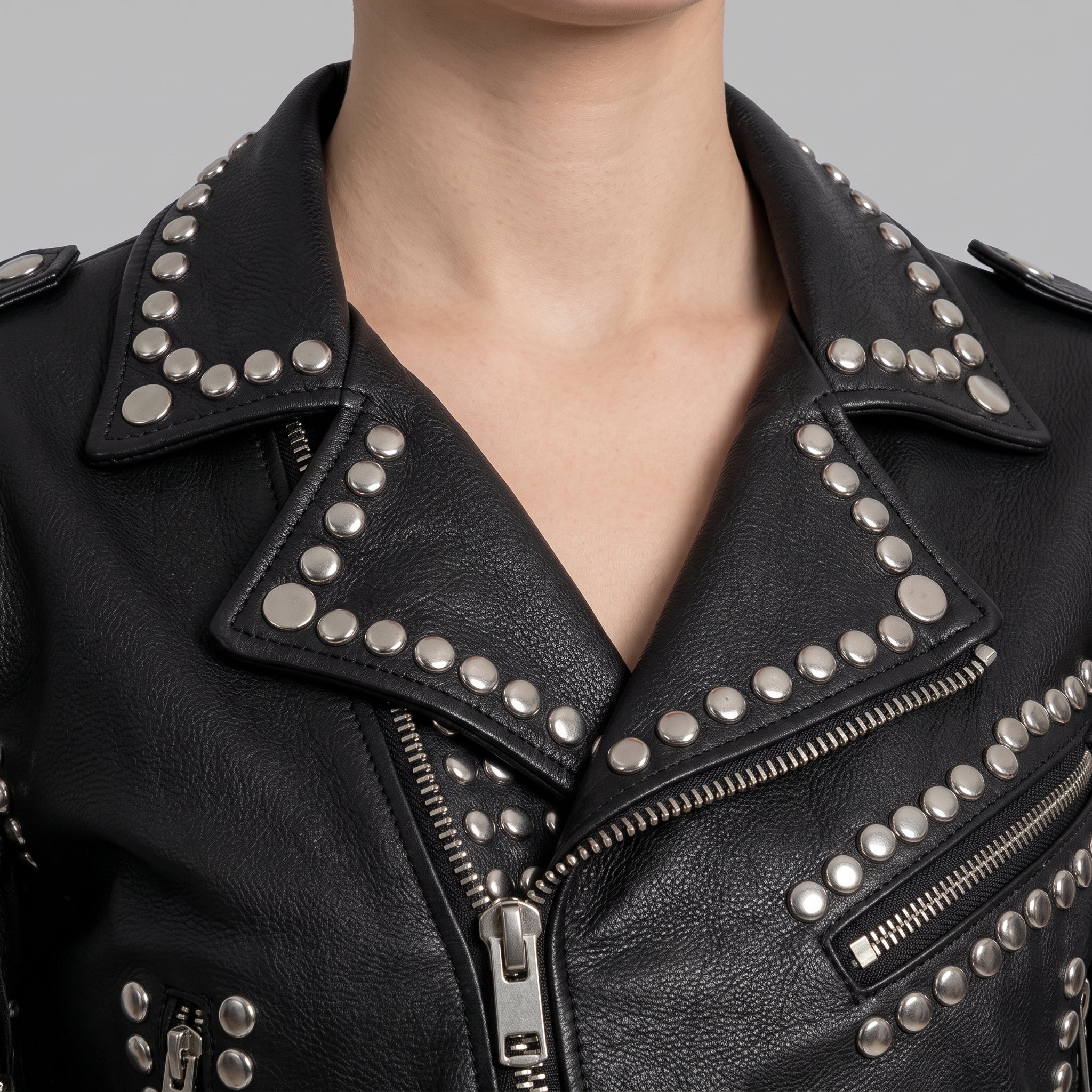 Women's Black Cropped Studded Fringe Leather Biker Jacket — Abbenshaw
