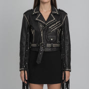 Women's Black Cropped Studded Fringe Leather Biker Jacket — Abbenshaw