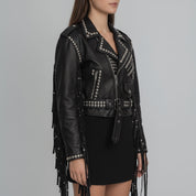 Women's Black Cropped Studded Fringe Leather Biker Jacket — Abbenshaw