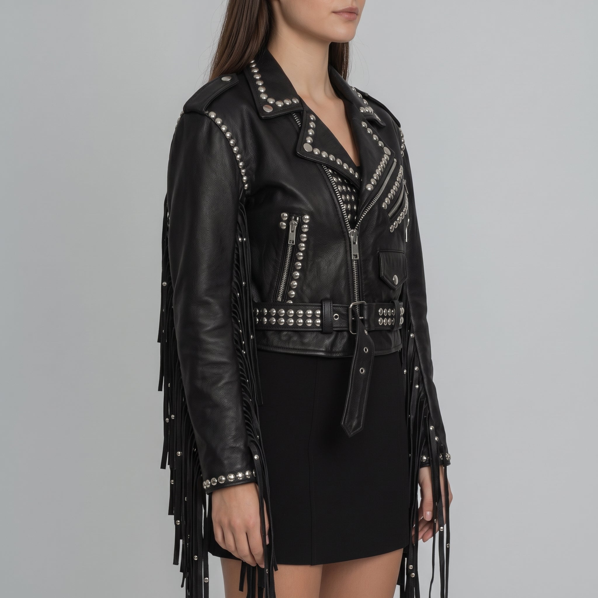 Women's Black Cropped Studded Fringe Leather Biker Jacket — Abbenshaw