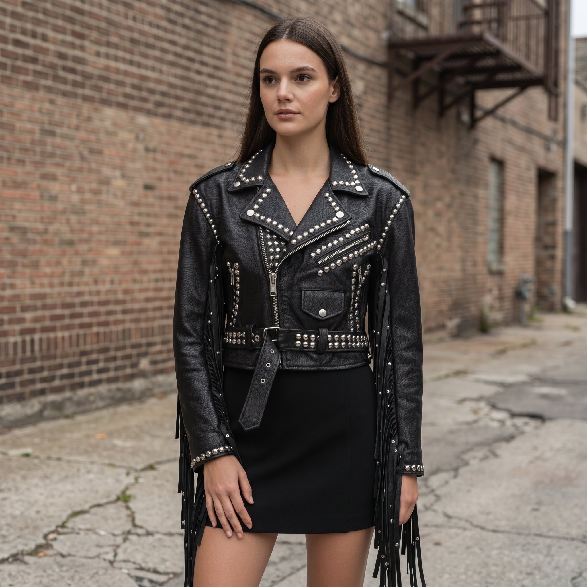 Women's Black Cropped Studded Fringe Leather Biker Jacket — Abbenshaw