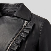 Women's Black Frill Detail Leather Biker Jacket — Alcester