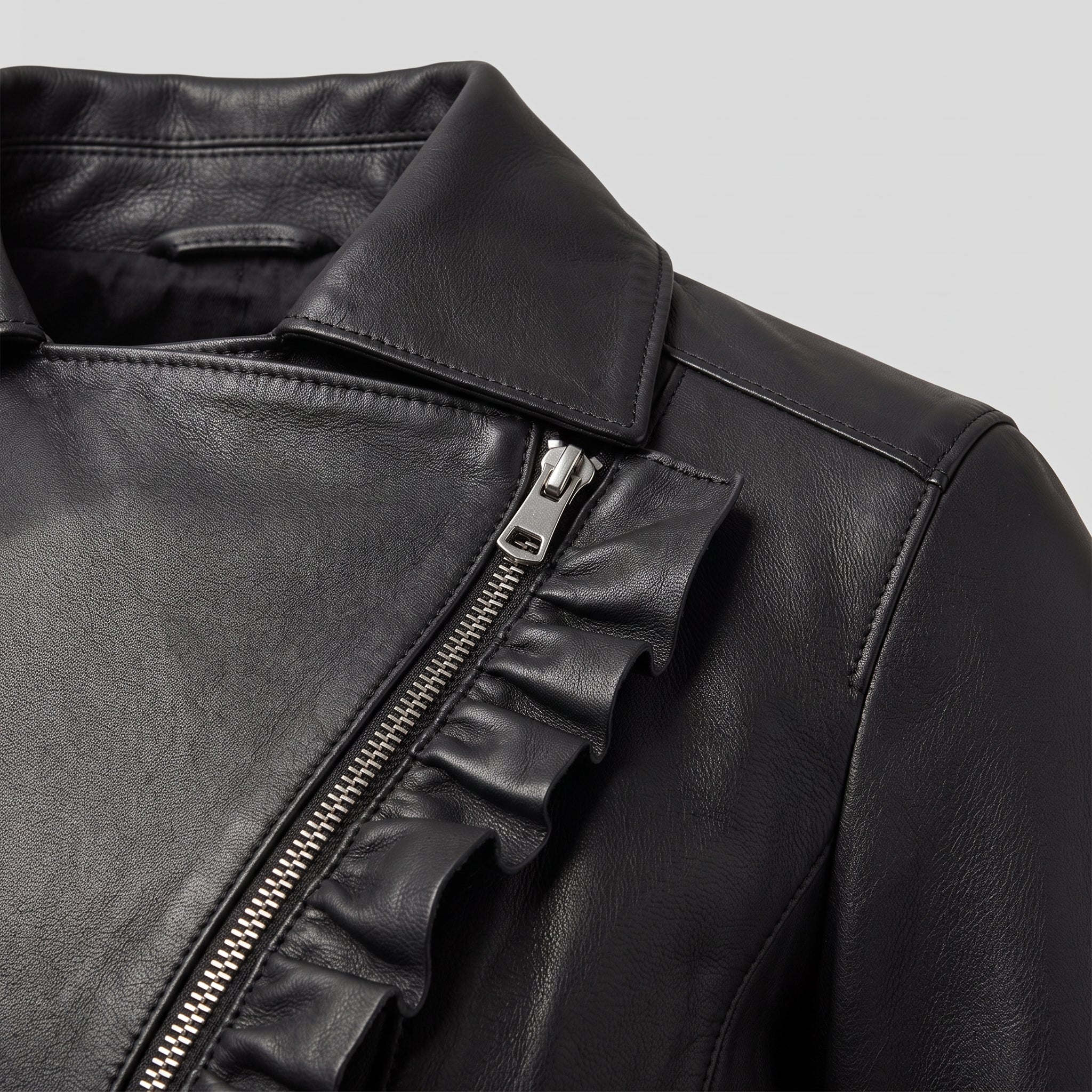 Women's Black Frill Detail Leather Biker Jacket — Alcester