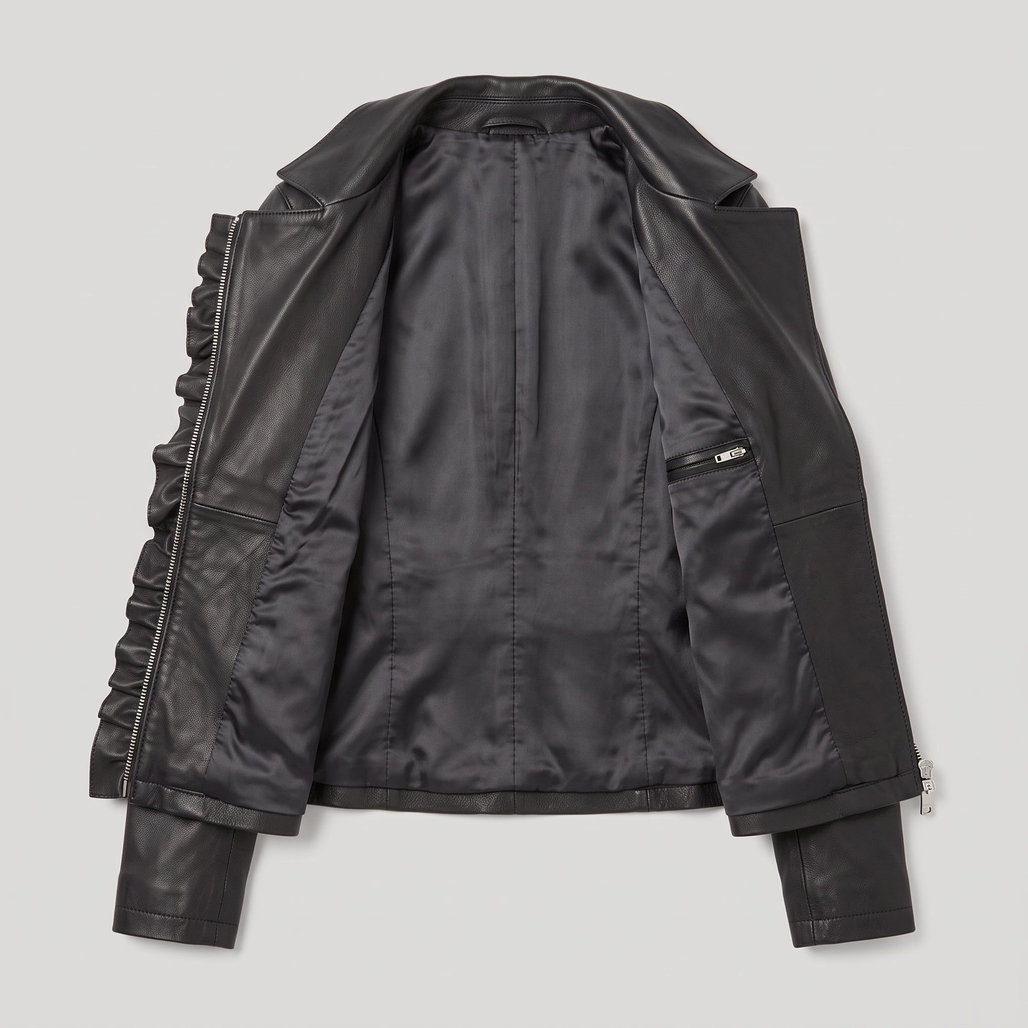 Women's Black Frill Detail Leather Biker Jacket — Alcester