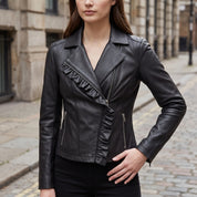Women's Black Frill Detail Leather Biker Jacket — Alcester