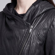 Women's Black Hooded Leather Biker Jacket — Greenwell