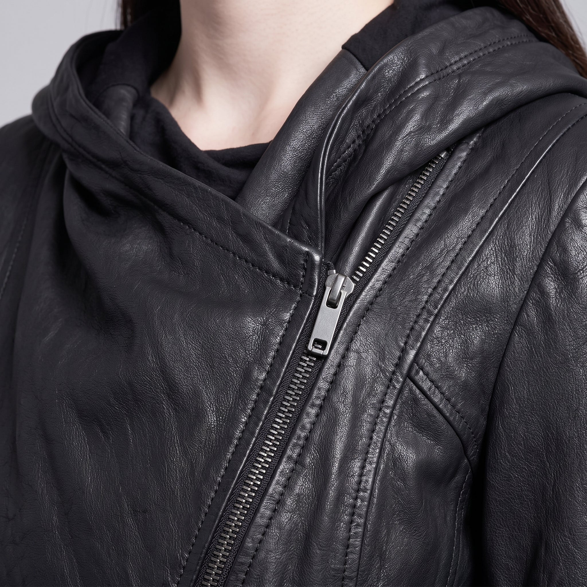 Women's Black Hooded Leather Biker Jacket — Greenwell