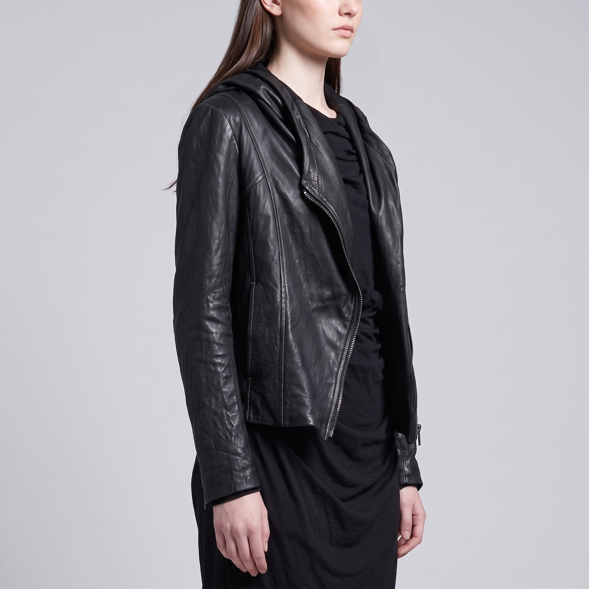 Women's Black Hooded Leather Biker Jacket — Greenwell